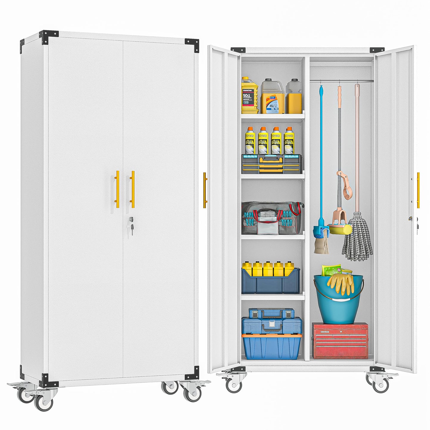 erosoei 71" Broom Storage Cabinet, Cleaning Tool Storage Cabinet, Garage Utility Storage with Hooks and Hanging Rods, Heavy Duty Garden Tool Organizer, for Home, Garage, Laundry Room, Gym, Workshop