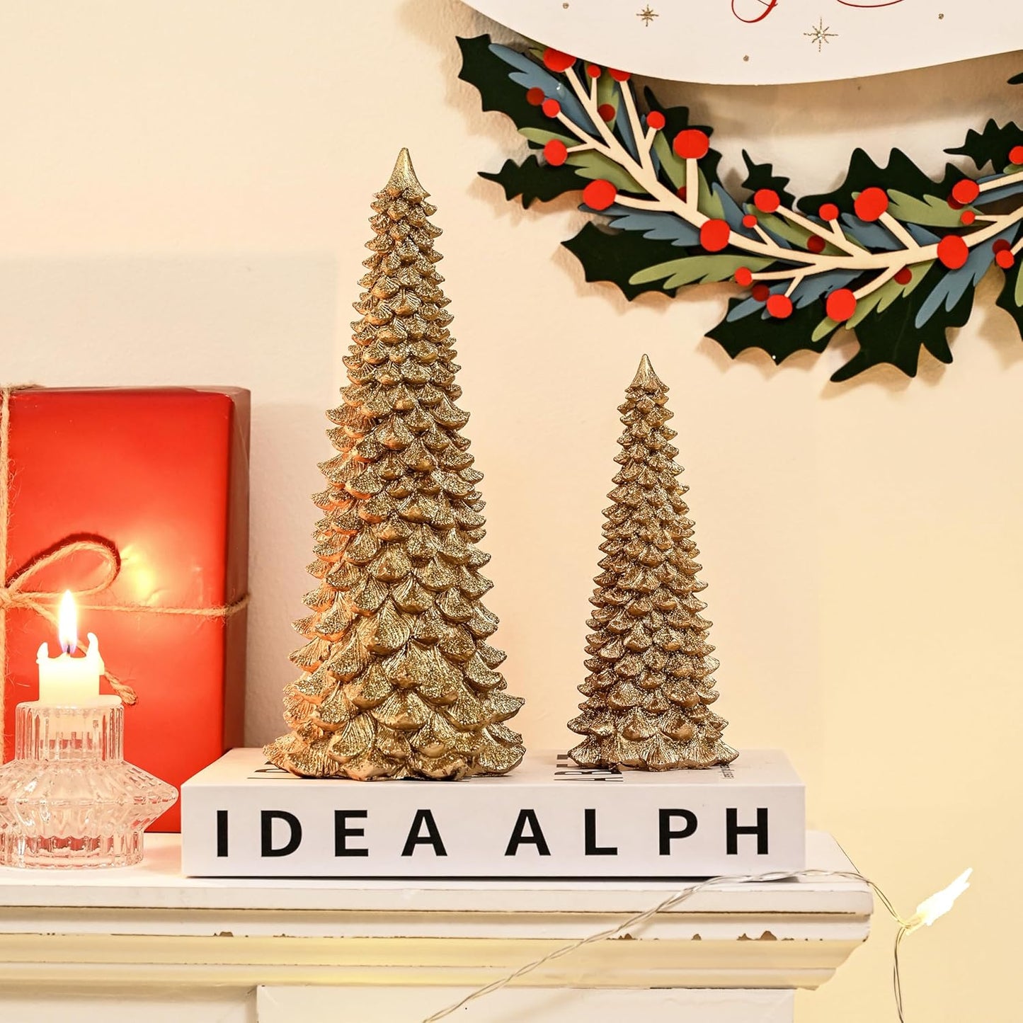 AOMOONOA Gold Christmas Tree Figurines - 2Pcs Resin Glitter Tabletop Decor | Small Xmas Trees Set