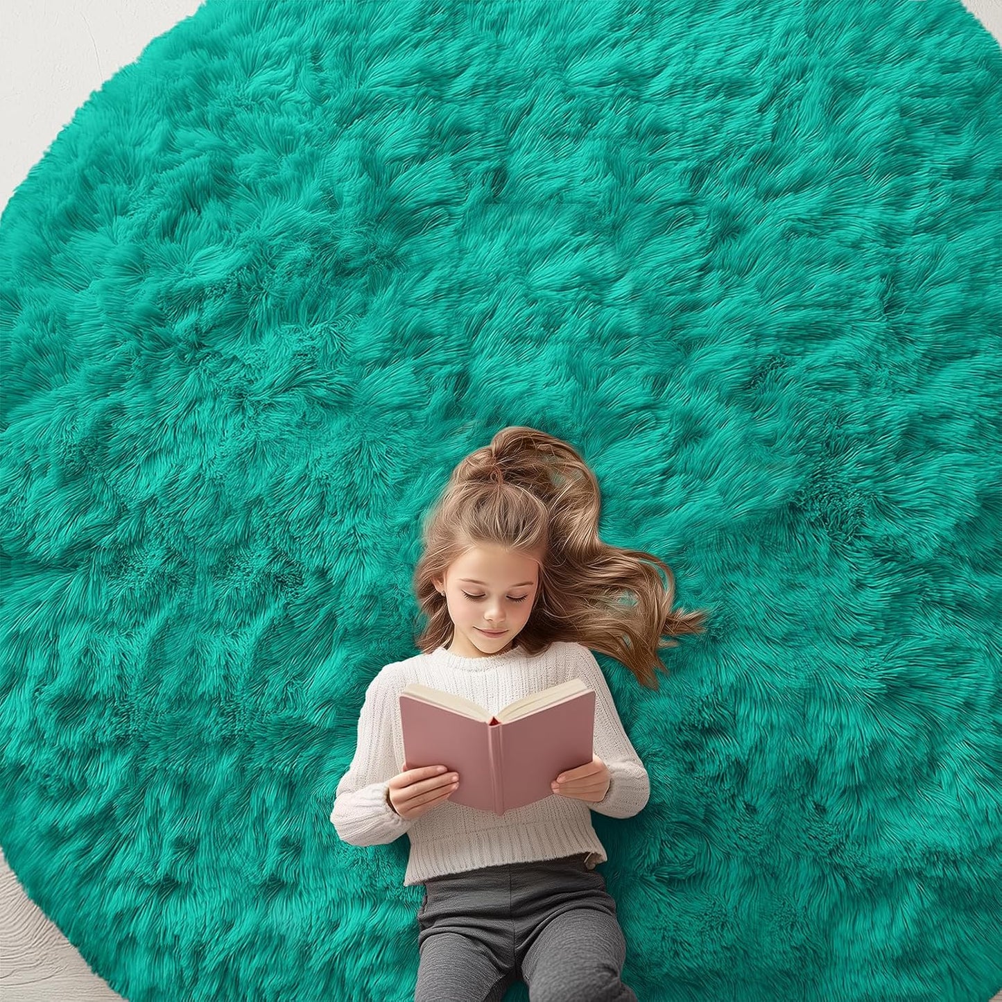OLANLY Teal Green Round Area Rug - Soft, Fluffy, Machine Washable 8 ft Circle Carpet for Bedroom & Living Room