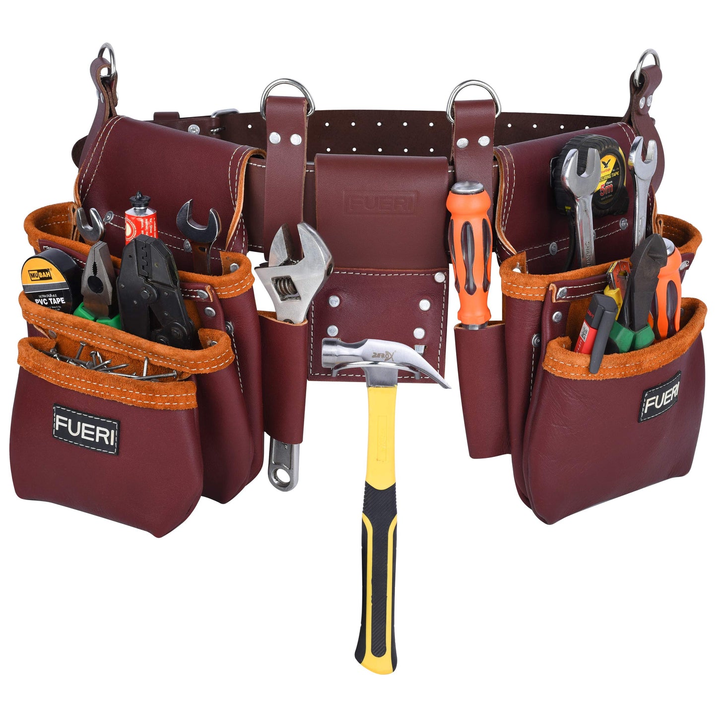 FUERI Full Grain Leather tool belts for men, Heavy-duty Carpenter Tool Rig organizer with 17 Pockets pouches, hammer holder, 4-Suspender loops, and a foam-padded belt for Framers, and Electricians