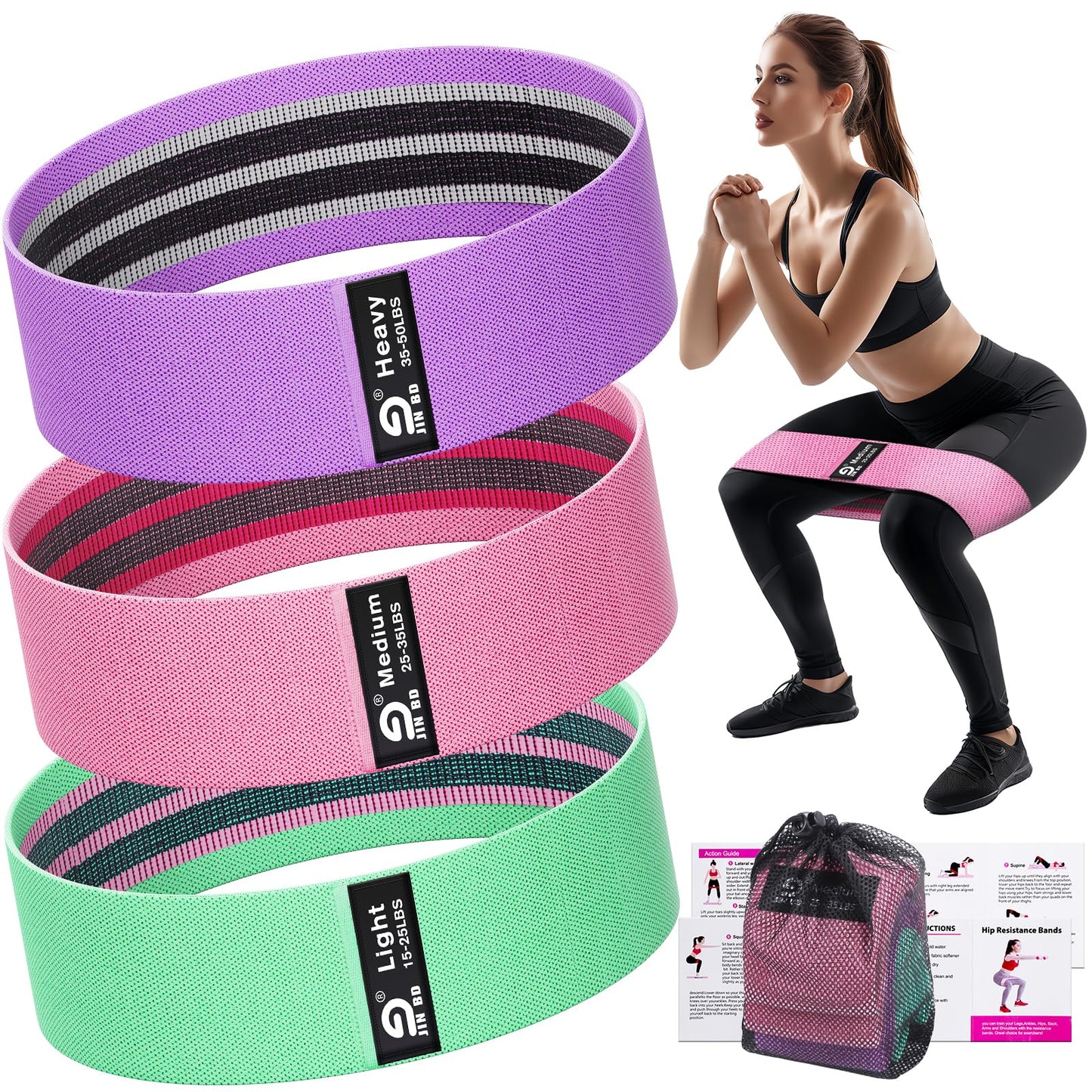 Booty & Resistance Bands – 3 Level Non-Slip Fabric Exercise Bands for Legs & Glutes, Women & Men, Squats, Hip Thigh Training, Yoga, Pilates, Home Workout