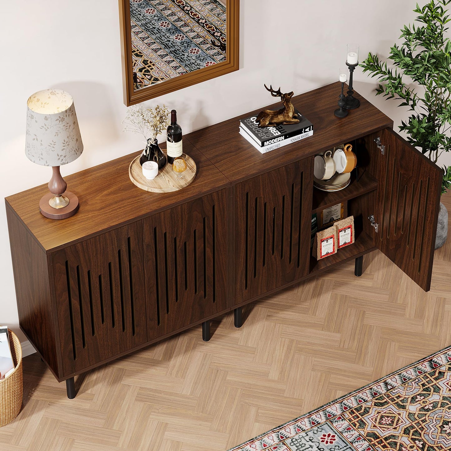 Tribesigns Set of 2 Sideboard Buffet with Storage, 59" Buffet Sideboard Cabinet with Adjustable Shelves, Accent Storage Cabinet for Living Room, Dark Brown