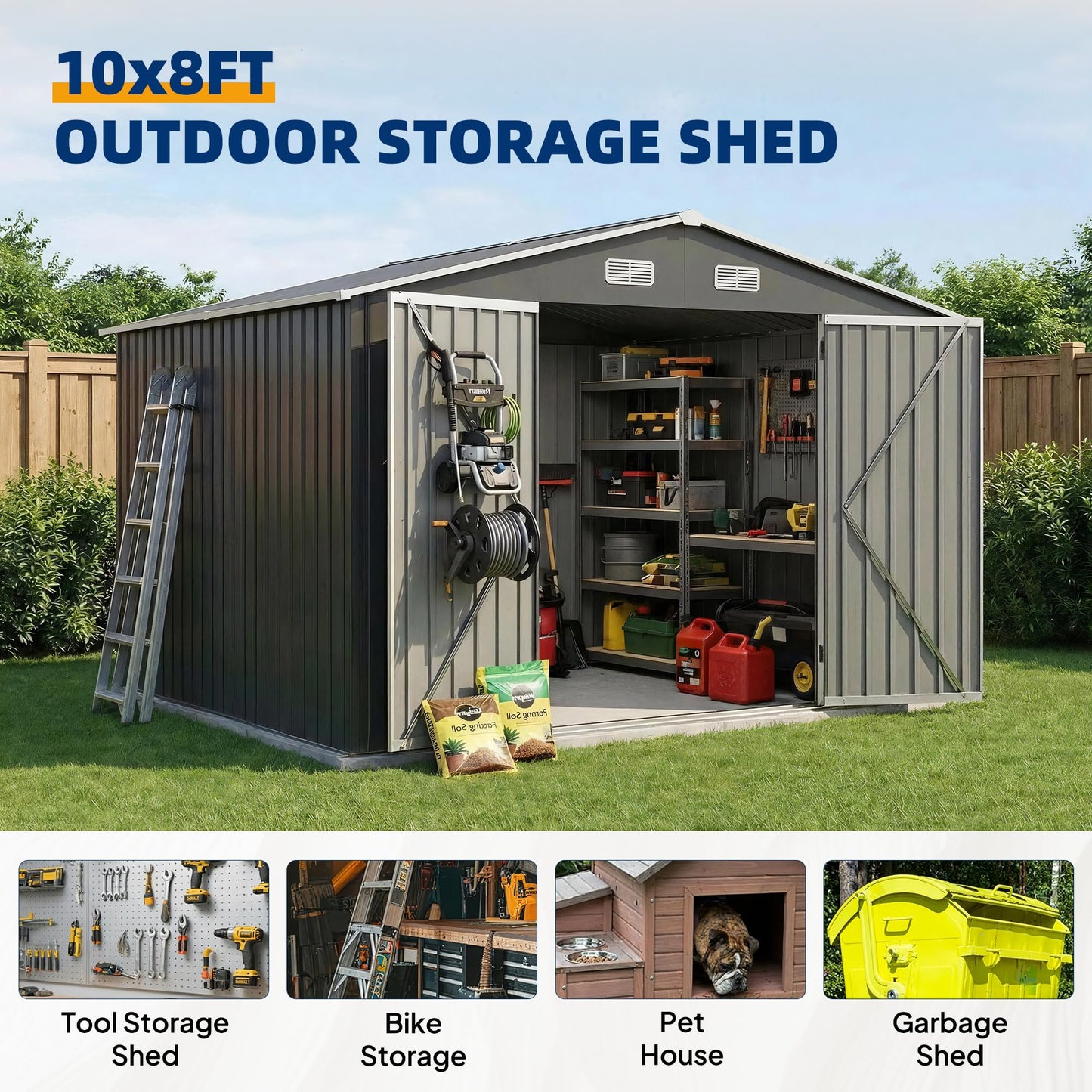 UDPATIO 10X8 FT Outdoor Storage Shed, Metal Steel All-Weather Resistant Garden Tool Shed with Sloped Roof & Lockable Door, Outside Heavy Duty Sheds for Bicycle in Patio Lawn, Garden, Backyard, Grey