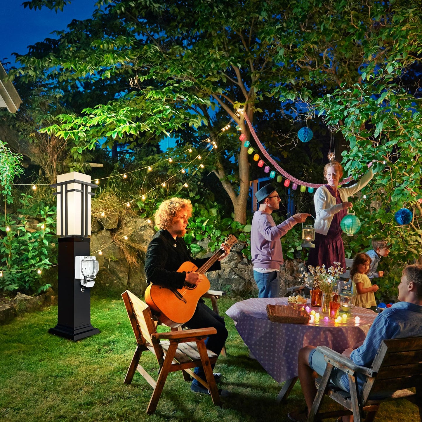 Yoenecea Outdoor Lamp Post with Outlet, Modern Post Light Fixture for Yard, Aluminum Lamp Pole Outdoor Lighting with Glass, Waterproof Outside Street Light for Pathway Garden Patio (27.5''H, 1 pc)