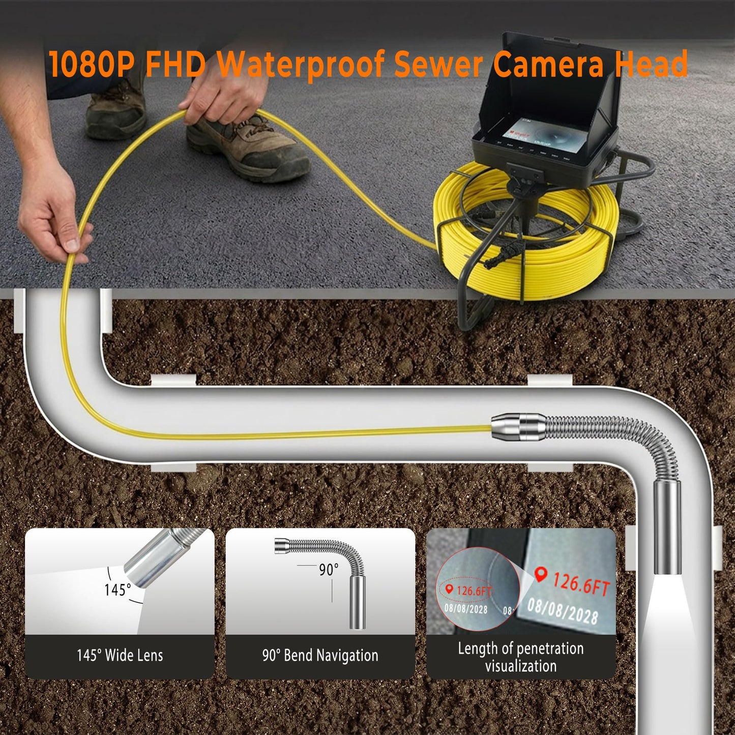 Holdwell S Sewer Camera 165ft/50m Borescopes Plumbing 4.3" HD Color Screen Waterproof IP68 Borescope Camera with Distance Counter Light 8500Mah Battery Light for Home Wall Duct Drain Pipe Plumbing