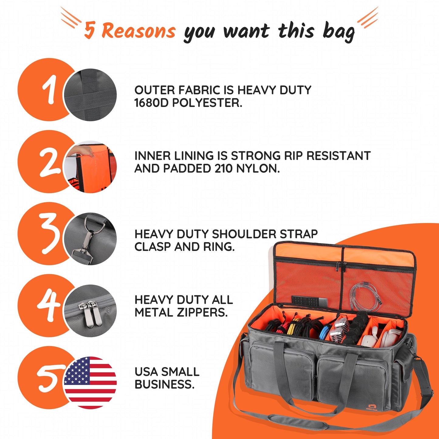 ASEG Gear Heavy Duty - DJ Cable Bag Organizer with Detachable Dividers – Travel Gig Bag – Case for Equipment - Music Equipment & Accessories - Heavy Duty Exterior & Padded Nylon Interior