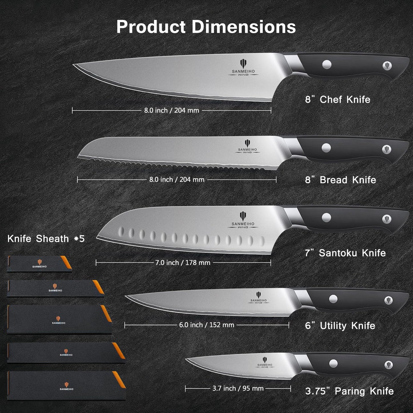 SANMEIHO 10 PCS Knife Set with Knife Sheath, Japanese Kitchen Knife Set with 5 Layers High Carbon 9Cr18Mov Stainless Steel, Sharp Professional Chef Cooking Knife with Ergonomic Handle, Dishwasher Safe