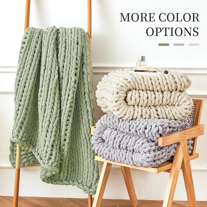 Admitrack Chunky Knit Blanket Throw, 100% Hand Knit Chenille Throw Blanket for Sofa & Home Decor, Soft and Cozy Knitted Throw Blankets (Sage Green, 60"x80")