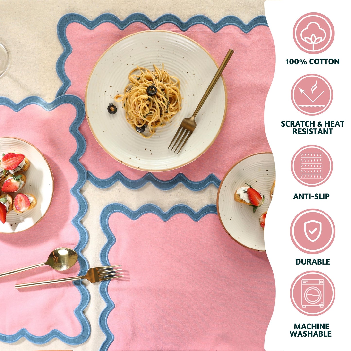 Folkulture Placemats Set of 4 (13 x 19) | 100% Cotton, Cute, Heat Resistant,Machine Washable Scalloped Place Mats | Pink Rectangular Cloth Table Placemats or Dining Table Mats for Dinner Party