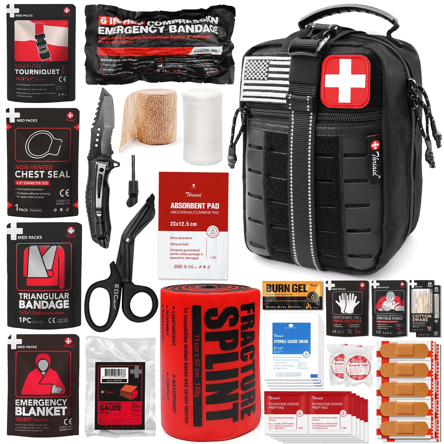 Survival First Aid Kit with Israeli Bandage, Chest Seal, Tourniquet, Splint, Tactical Military Combat Molle IFAK for Wound Care, Bleeding Control, Trauma Hemorrhage and More (Black)