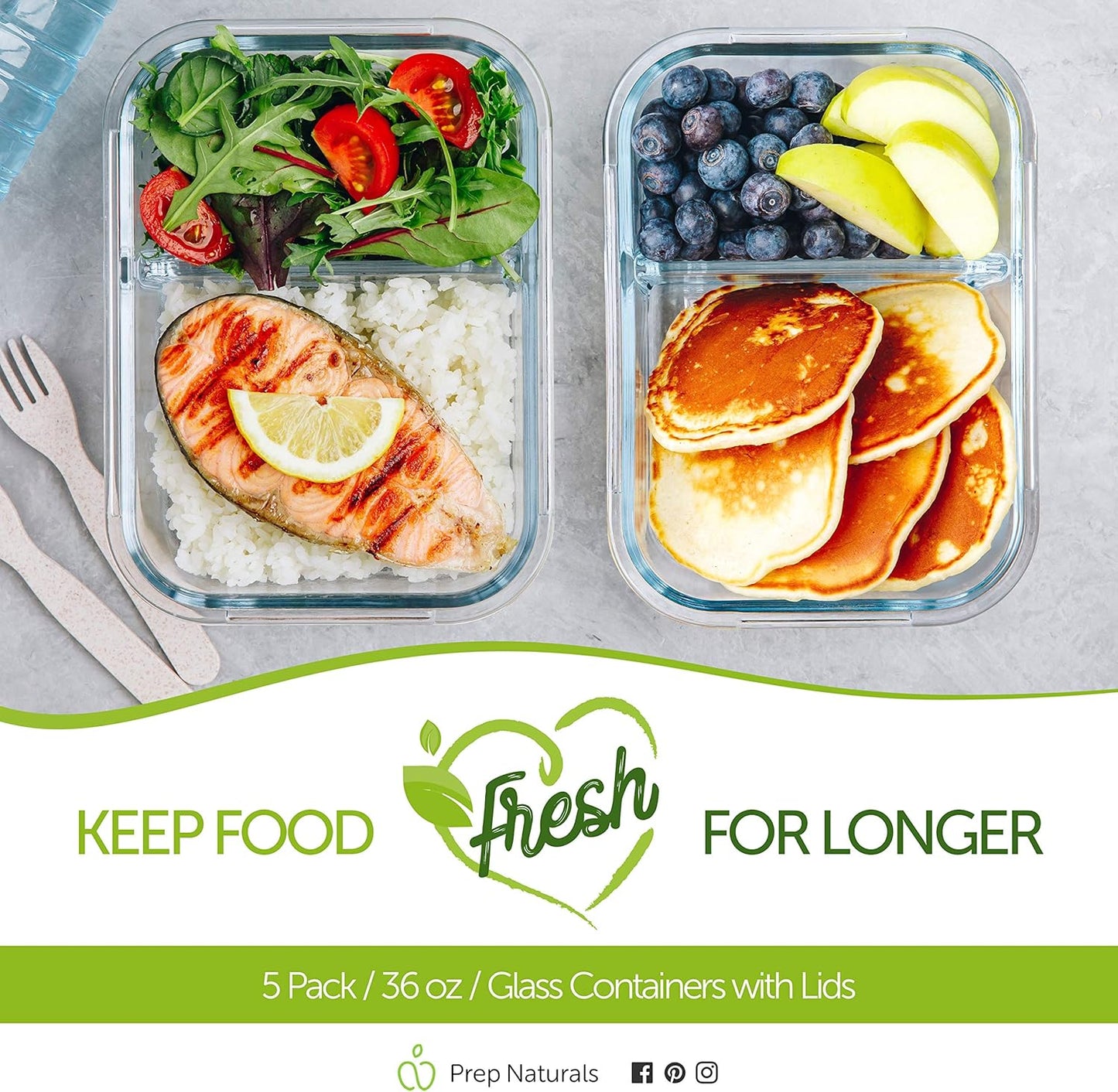 Prep Naturals Glass Meal Prep Containers - Airtight 36oz Food Storage Bowls | Dishwasher & Microwave Safe - Set of 5, Clear