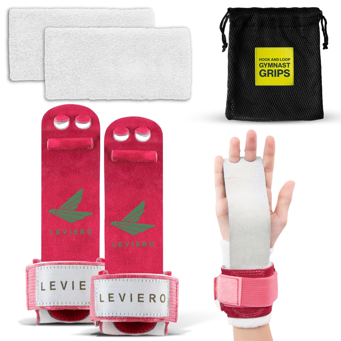LEVIERO Gymnastics Grips Set, Grips for Gymnastics Girls, Dowel Grips with Soft Leather, Hook and Loop Wrist Straps, and Adjustable Finger Holes, for All Ages - (Pink, 2)