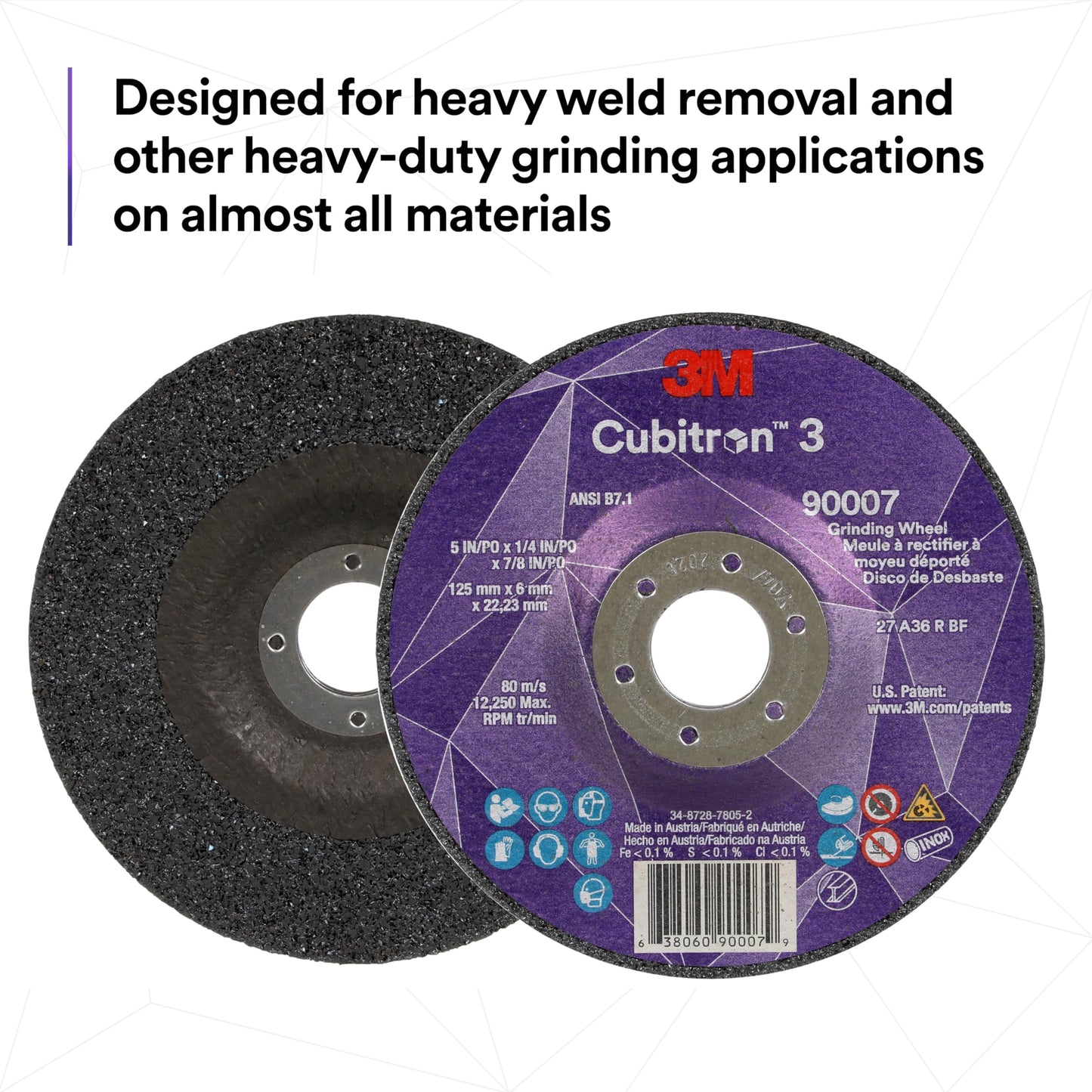 3M Cubitron 3 Depressed Center Grinding Wheel, 90010, 36+, T27, 9 in x 1/4 in x 7/8 in, Pack of 10, ANSI, Precision Shaped Grain, Beveling, Weld Grinding, Heavy Deburring, Slag Removal