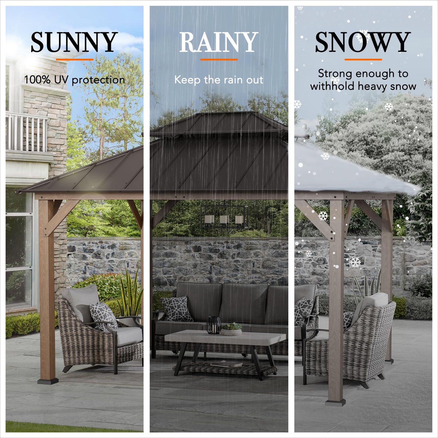 Sunjoy 10 x 12 ft. Wood Gazebo, Outdoor Patio Steel Hardtop Gazebo, Cedar Framed Wooden Gazebo with 2-Tier Metal Roof, Suitable for Patios, Lawn and Backyard, Dark Brown Roof + Dark Wood Frame