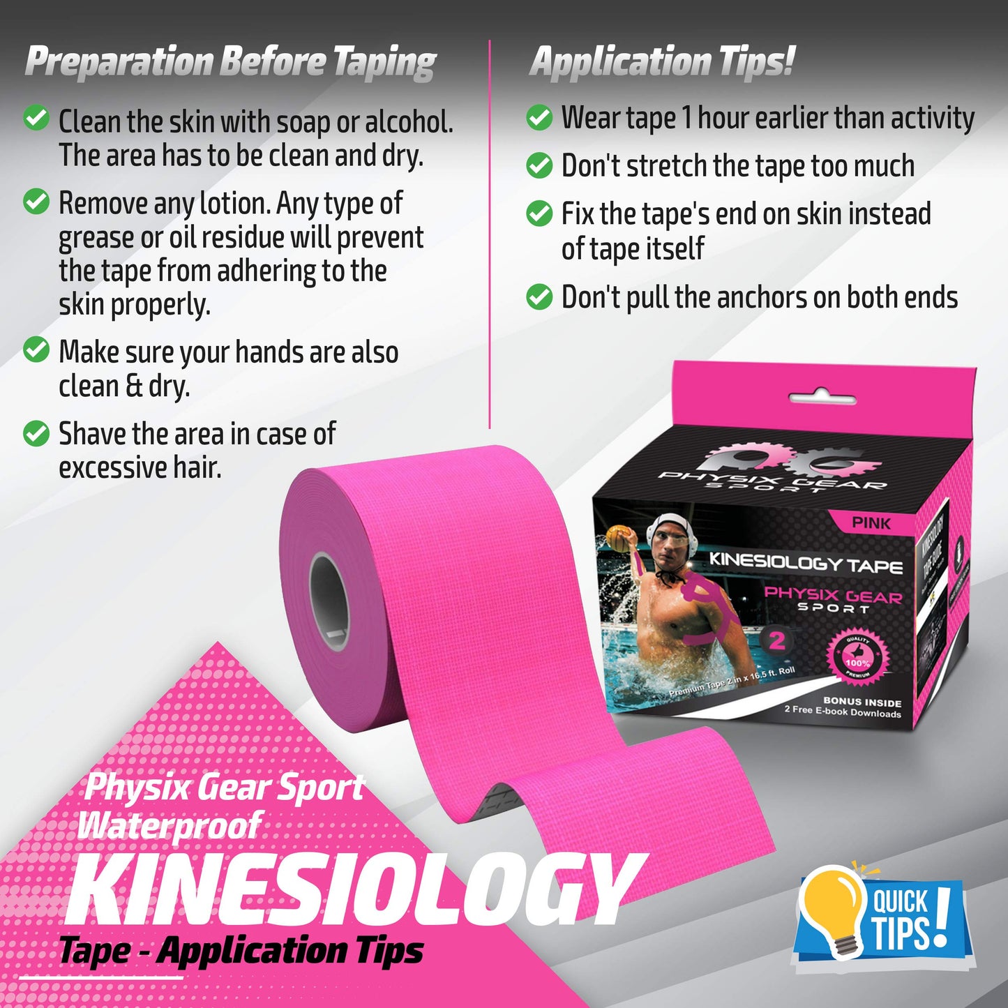 Physix Gear Cotton Kinesiology Tape Roll 16ft, Latex-Free Athletic Tape for Muscles/Joints, Waterproof Kinesiolgy, Stretchy Kinesiologytape, Gentle on Skin Kiniseaology Tape, Pink (1 Pack), 5m