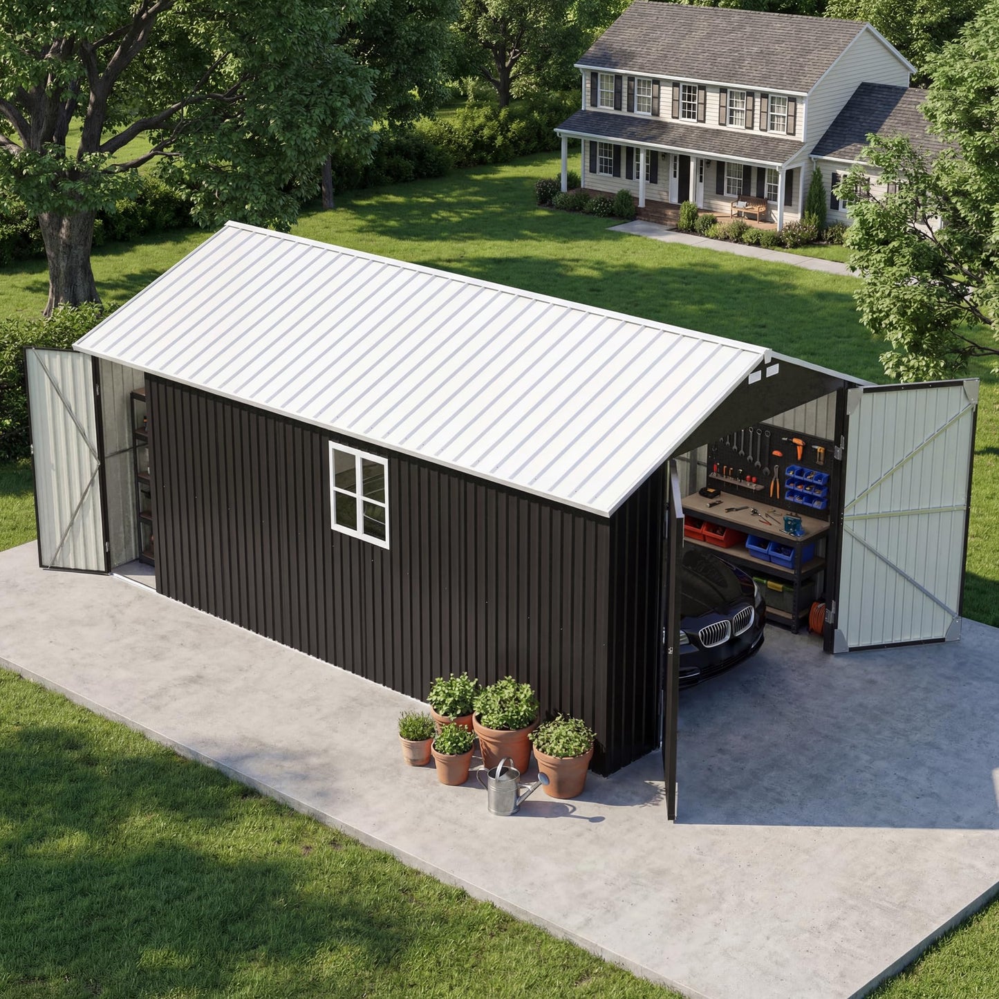 Patiowell 12x20 FT Enclosed Metal Carport, Large Heavy Duty Car Port with Galvanized Steel Frame, All-Weather Garage Car Shelter with 3 Lockable Doors & Windows for SUV, Boats and Trucks, Black