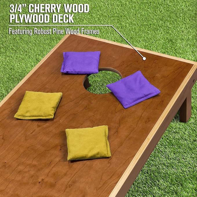 GoSports 4 ft x 2 ft Commercial Grade Cornhole Boards Set - Natural Wood Cornhole Boards, Choose from Different Bean Bag Color Combinations - Purple & Gold