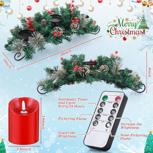 Mudder Christmas Table Centerpiece Set - 20'' Steel Base with 3 Flameless LED Candles & Red Berry Decor