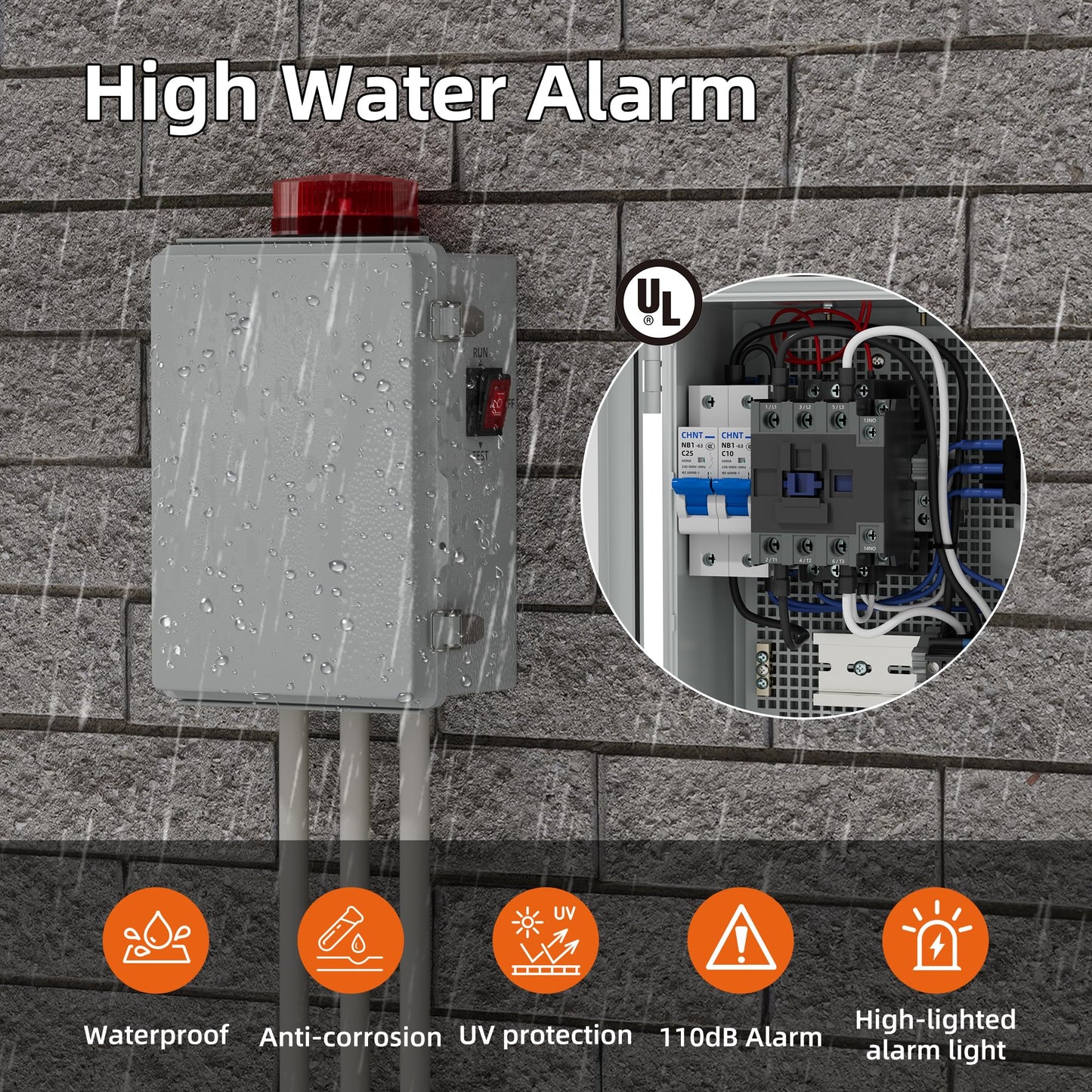 Joinfworld Sump Pump Water Alarm Waterproof Control Panel Septic Tank Water Detector Alarm for Basements with Flash Light and 110dB Alarm