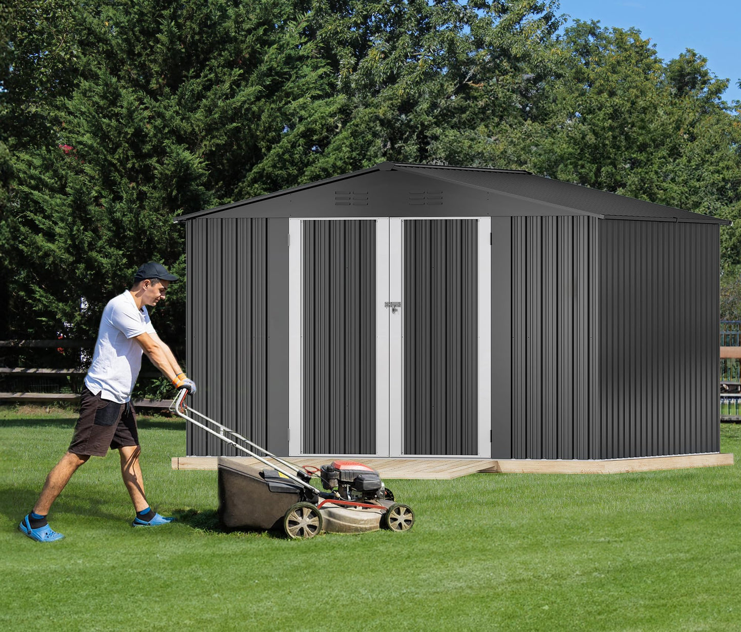 DWVO 10x8ft Outdoor Storage Shed, Large Metal Tool Sheds, Heavy Duty Storage House with Lockable Doors & Air Vent for Backyard Patio Lawn to Store Bikes, Tools, Lawnmowers, Dark Gray