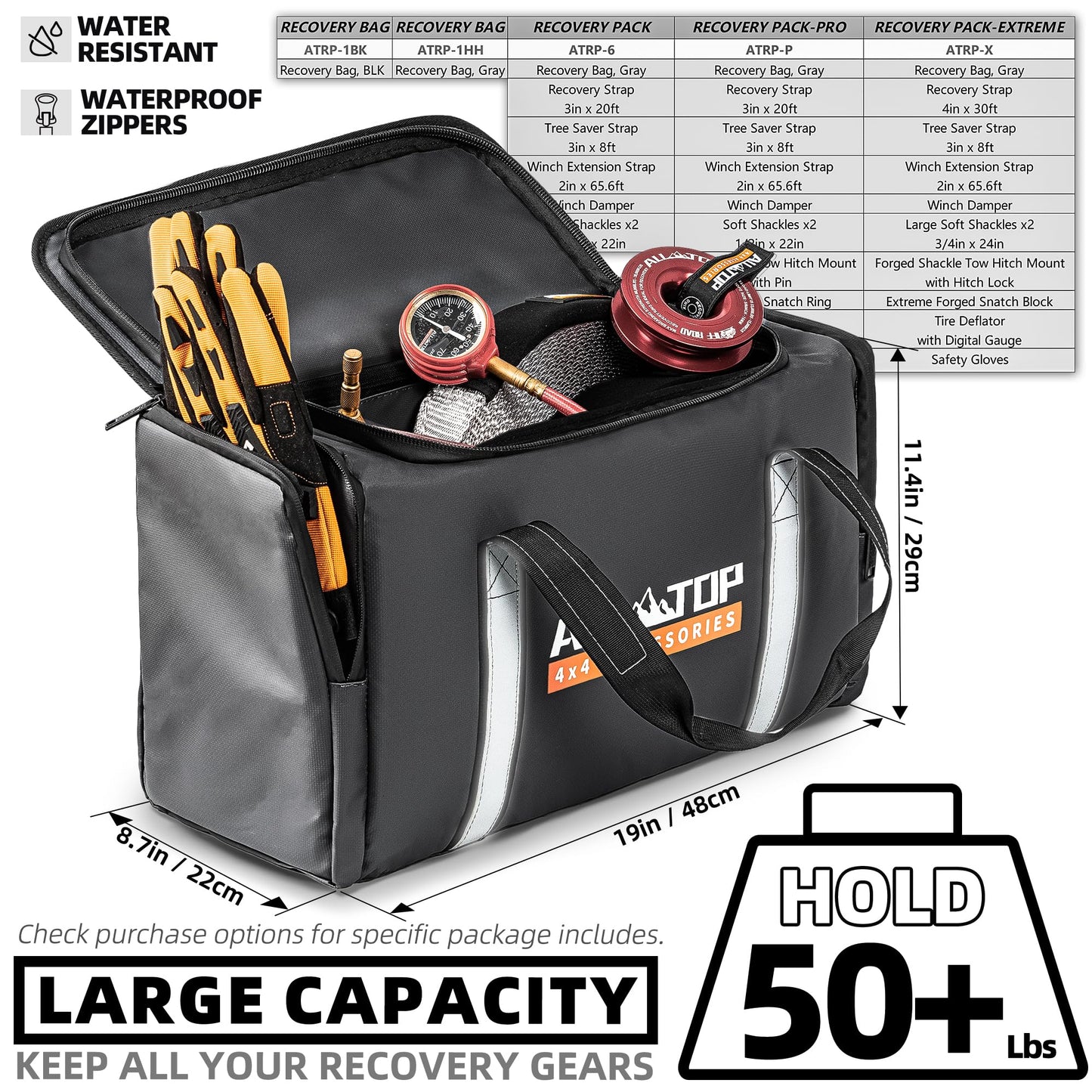 ALL-TOP Recovery Pack Bag, Water-Resist Tool Organizer for Offroad Gear & Overland Equipment, Standing Zippered Waterproof Storage Tote, Black Empty