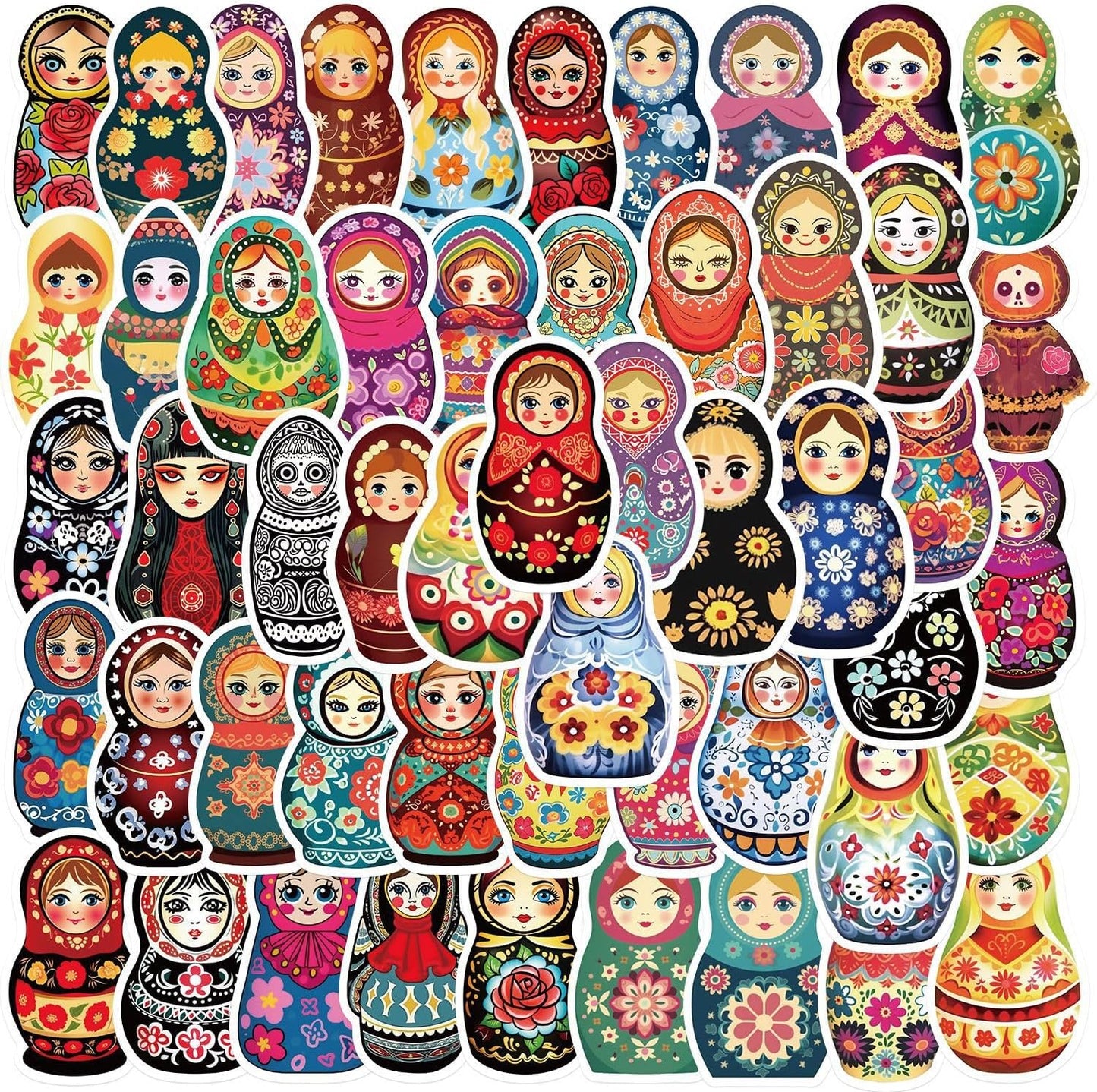 Aigemumy 50 PCS Russian Nesting Dolls Stickers Matryoshka Sticker Rerto Vinyl Decal for Journaling Laptop Scrapbook