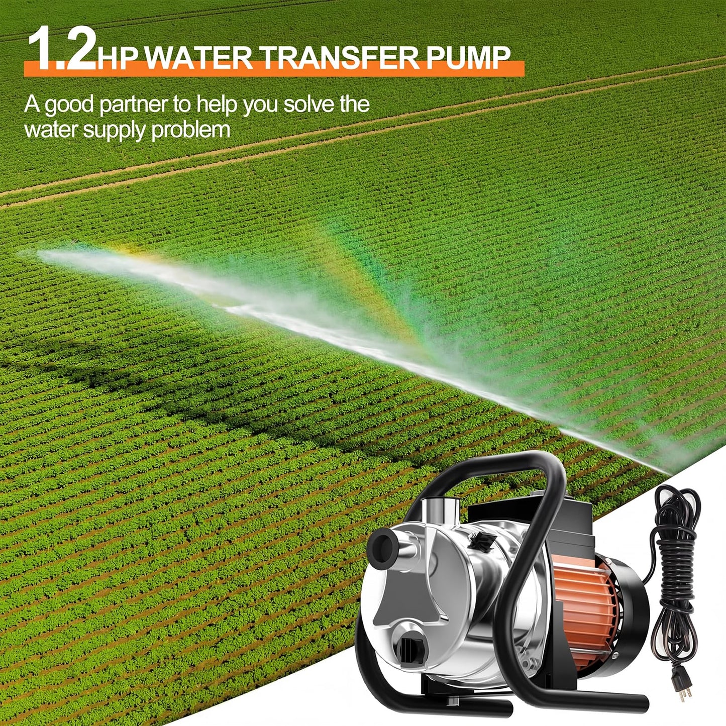 SHANGDA Water Transfer Pump 110V Shallow Well Pump 1.6HP Electric Portable Garden Pressure Booster Pumps for Sprinkler Irrigation Lawn with Adapters, Orange