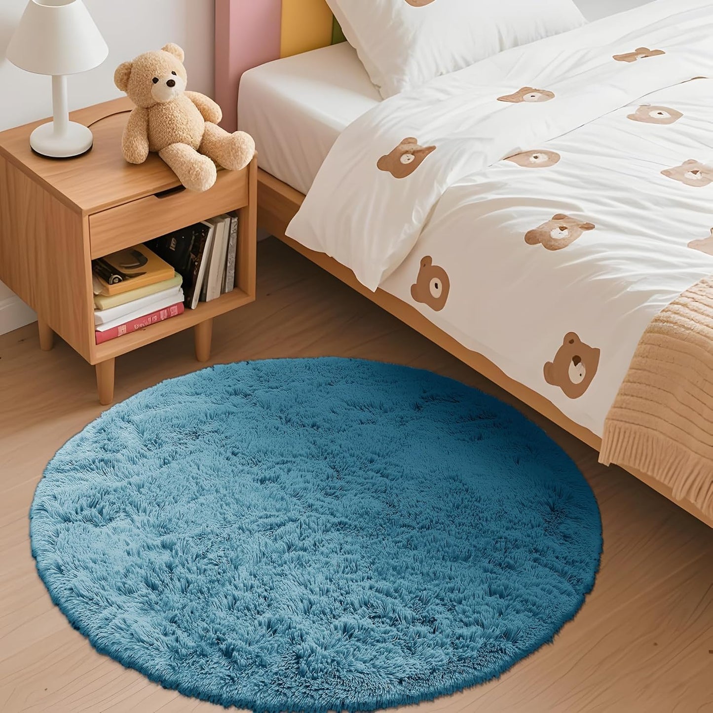OLANLY Round Slate Blue Area Rug - Soft, Fluffy, Machine Washable 3 ft Circle Carpet for Bedroom & Living Room