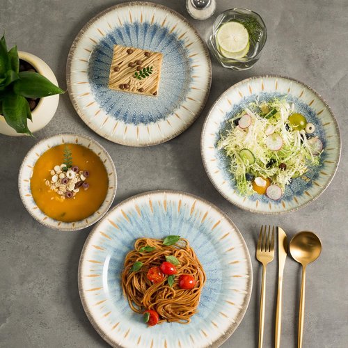MissYip Melamine Dinnerware Set, 16 Piece for 4, Unbreakable Kitchen Plastic Plates and Bowls set, Indoor and Outdoor Use Tableware, BPA Free, Dishwasher Top Safe, Not Microwave, Not Oven(Blue)