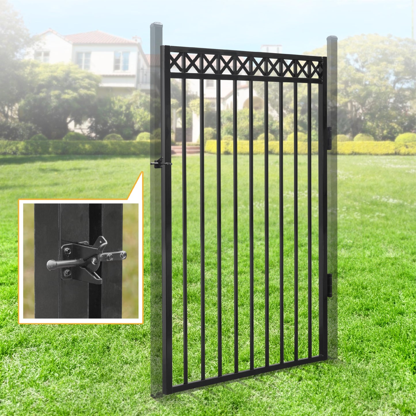 Fencer Wire Heavy Duty Flat Top X-Pattern Decorative Fence Gate, 6FT Height x 4FT Width Outdoor Fence Gate, Outdoor Anti-Rust Metal Steel Gate for Fencing Barrier, Garden Gate with Gate Lock