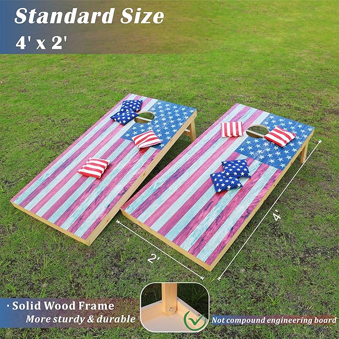Cornhole Board Set 4FTx2FT Solid Wood Regulation Size Cornhole Set Includes 8 Cornhole Bags for Adults