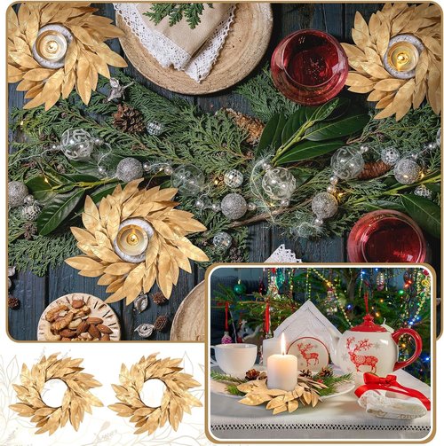 Domensi Gold Bay Leaf Candle Rings - 2 Pcs Rustic Wreath Holders for 3.9 Inch Pillar Candles