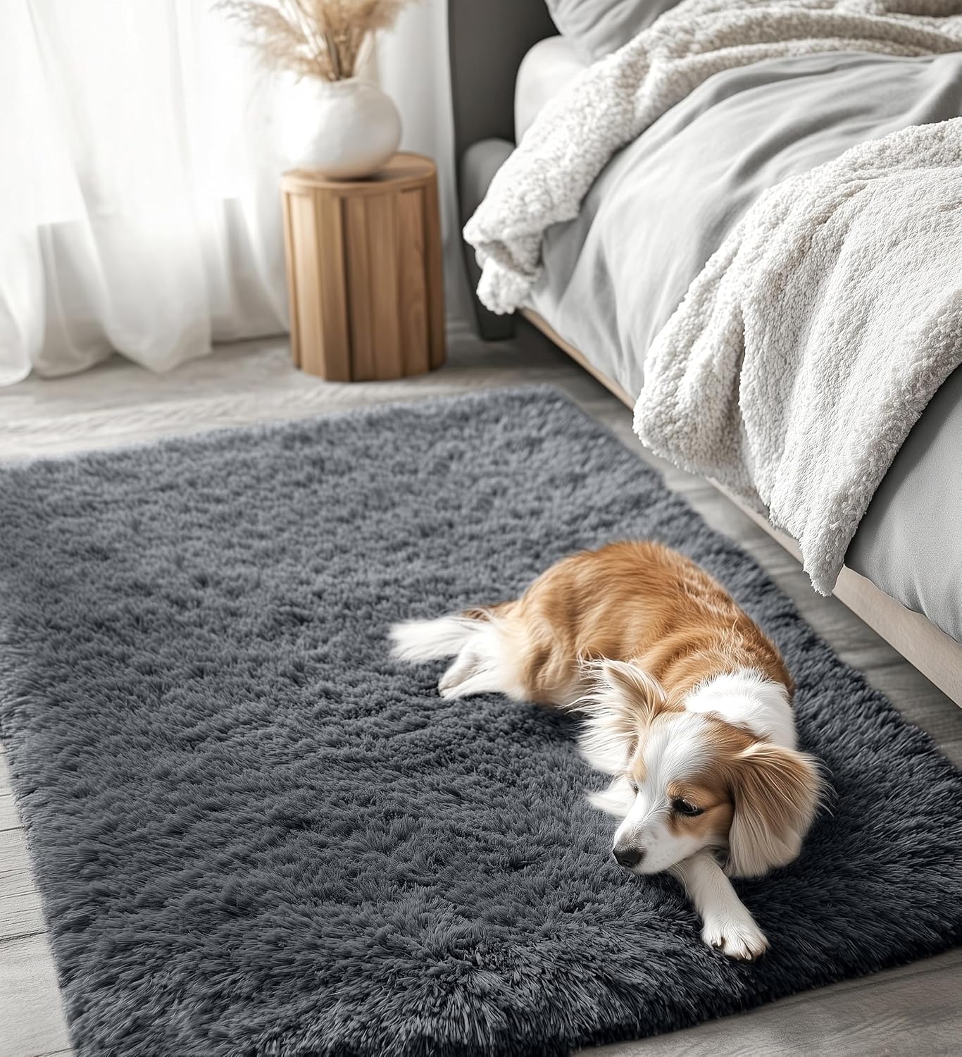 OLANLY Soft Fluffy Shaggy 3x5 Bedside Rug - Machine Washable Indoor Carpet for Kids & Nursery | Grey