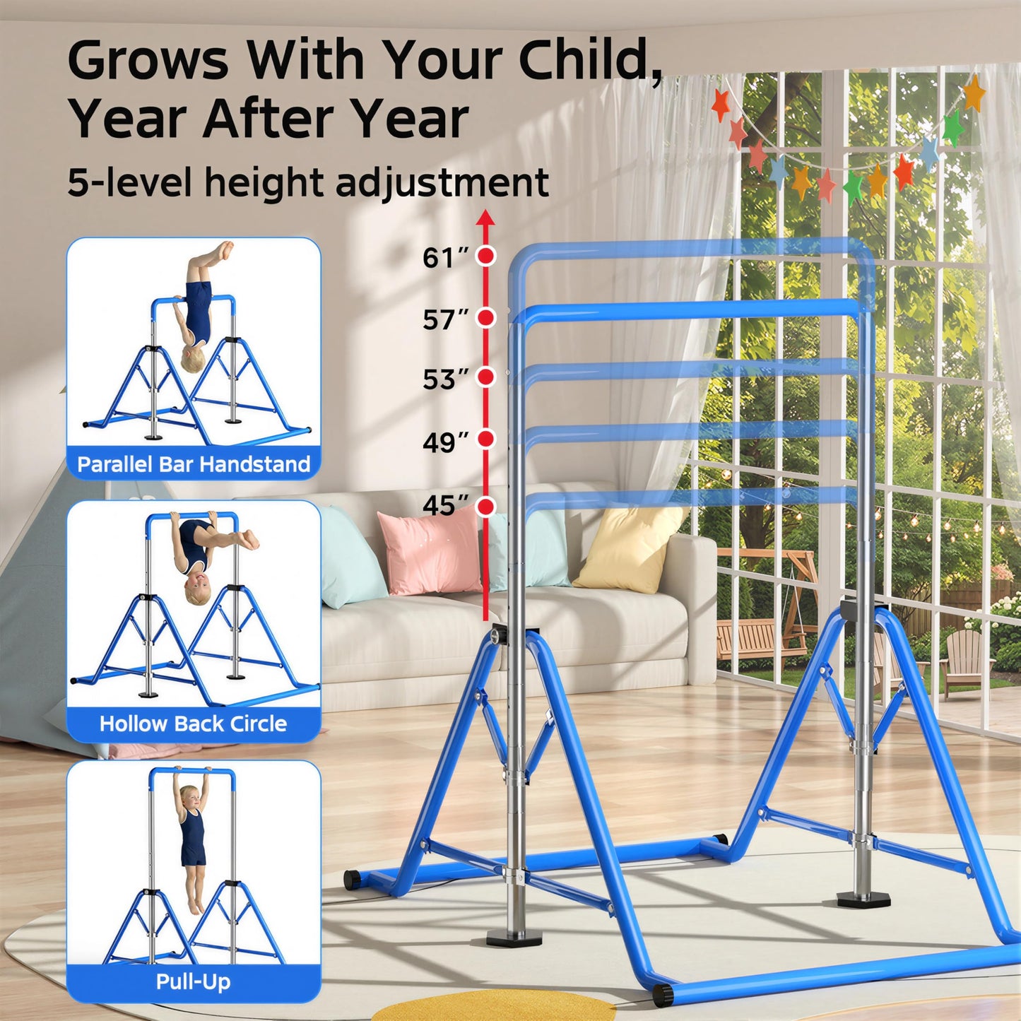 YICHIJIAN Expandable Kids Gymnastics Kip Bar, Folding Adjustable Height 45''-61'', 300LBS Weight Limit, Robust Horizontal Training Bar for Home Indoor Use, Gift for Kids Ages 3-13, Blue