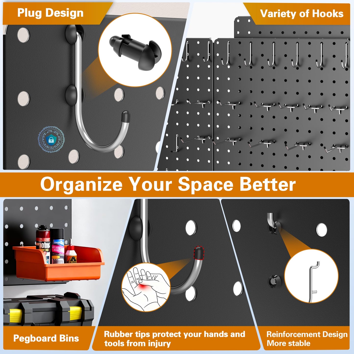 Hogurity Peg Board, 110pcs Metal Pegboard Kit, Includes 4 Pack Black Peg Board Panels with Accessories and Hook Locks, Large Heavy Duty Peg Boards for Walls Home, Garage Tool Storage, Workbench