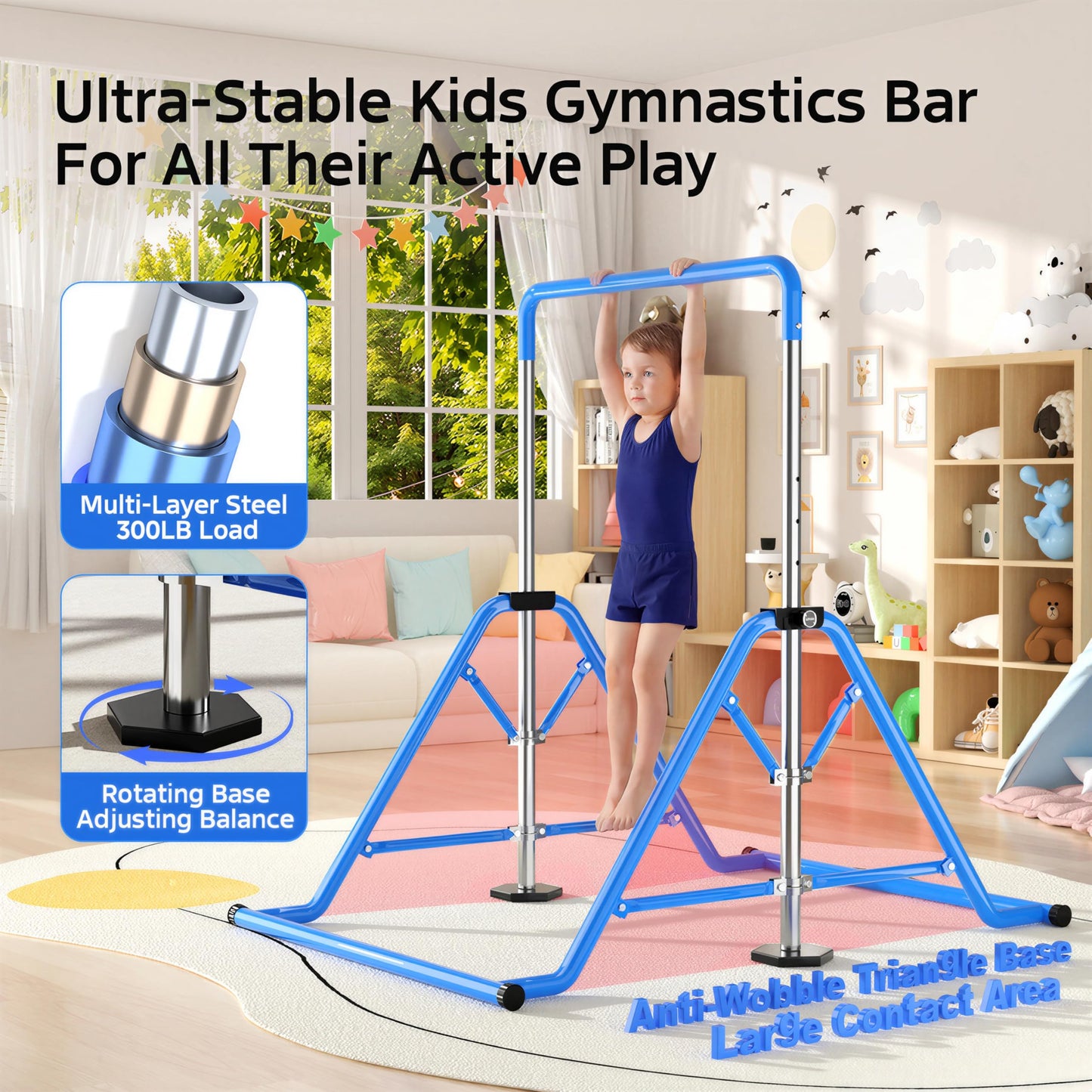 YICHIJIAN Expandable Kids Gymnastics Kip Bar, Folding Adjustable Height 45''-61'', 300LBS Weight Limit, Robust Horizontal Training Bar for Home Indoor Use, Gift for Kids Ages 3-13, Blue