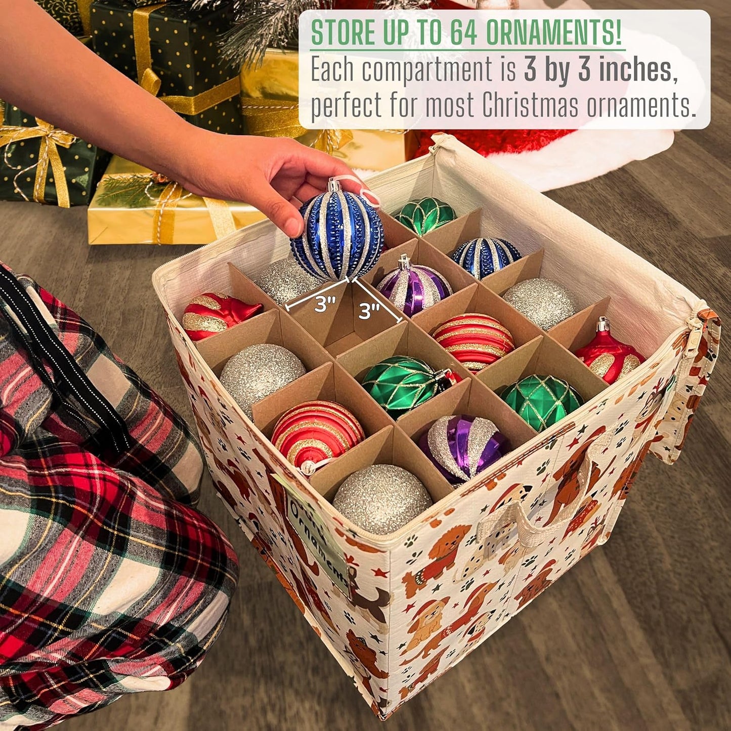 VENO Christmas Ornament Storage Box - 4 Pack with Adjustable Dividers & Zippered Top | Holds 64 Ornaments, 3-Inch Cube Compartments (Holiday Pups)