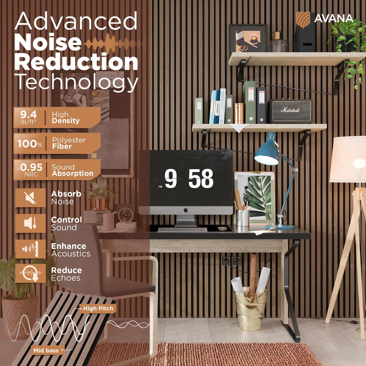 Avana Acoustic Wood Wall Panels – 93.2x11.25 Inch Panels – Fits 94x12 Layout – Smoke Walnut Acoustic Panels 2 PCs – Wall Panels for Interior Wall Decor for Homes, Offices – Wood Panels for Wall