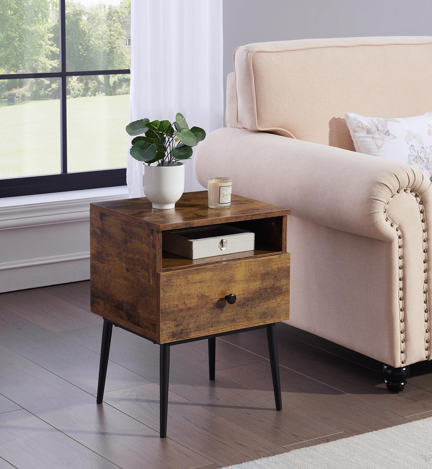 VECELO Modern Night Stand,Square Side Table,End Table with Drawer and Storage Space for Bedroom and Living Room, Bedside Table
