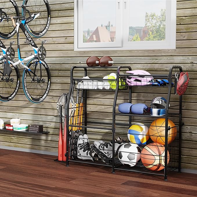 Garage Sports Equipment Organizer - Ball Storage Rack with Elastic Rope or Wire Mesh,Garage Organizer System with Wheels,Indoor/Outdoor Sports Rack for Sports Gear and Toys Storage,Black
