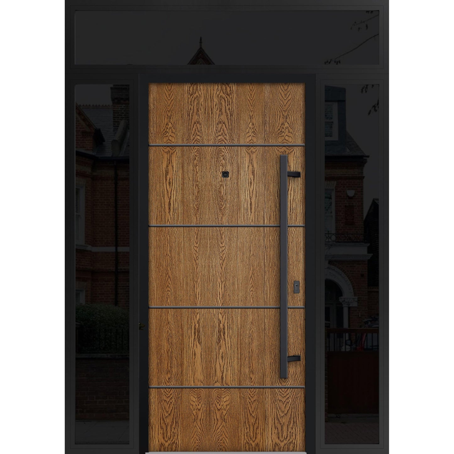 VDOMDOORS Front Exterior Prehung Steel Door/Deux 6683 Natural Oak / 2 Side and Top Exterior Window Sidelite/Entry Metal Modern Painted W12+36+12" x H80+16" Left Hand Inswing
