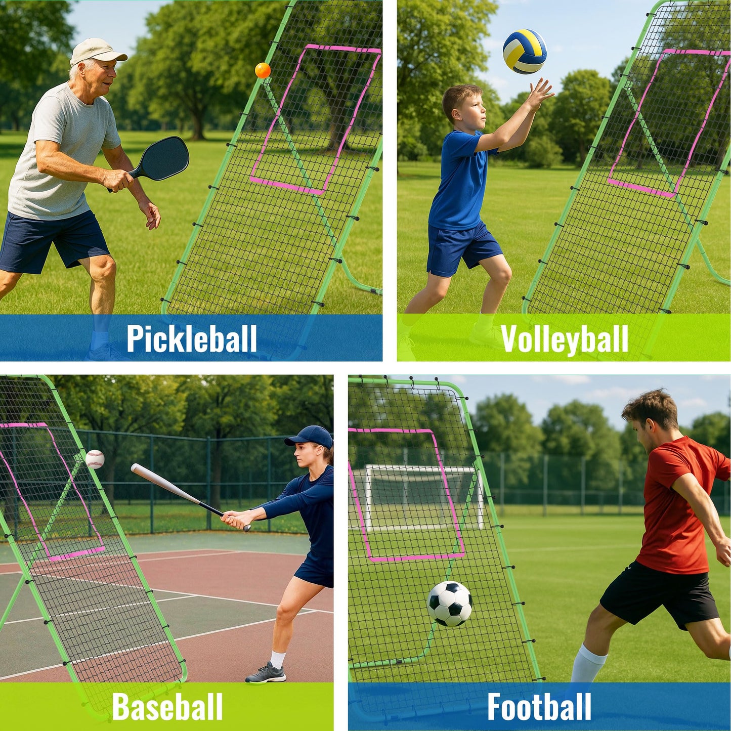 Oswerpon Volleyball Rebounder Net 7x4 FT, 5-Angle Adjustable Bounce Back Net, Steel Frame & PE Training Net for Volleying/Spiking, Rust-Resistant & Durable – w/Travel Bag, 2 NETS (Green & Pink)