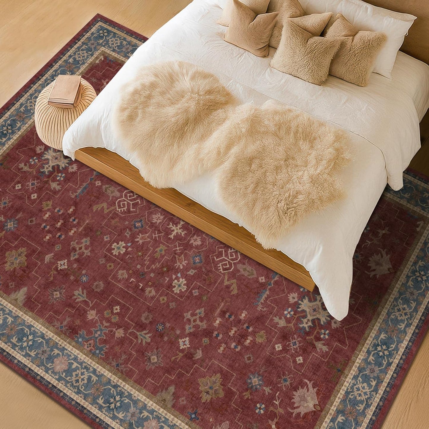 Skiennix 6x9 Dining Room Rug - Vintage Burgundy Boho Design, Lightweight & Washable Carpet