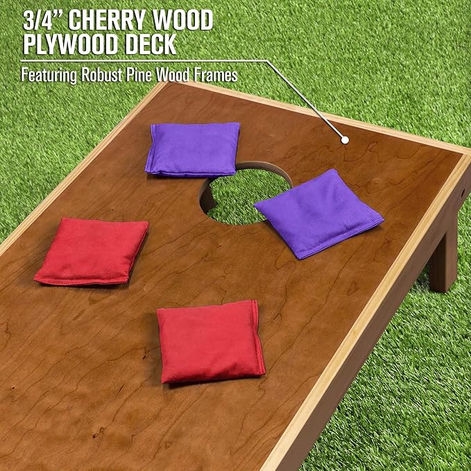 GoSports 4 ft x 2 ft Commercial Grade Cornhole Boards Set - Natural Wood Cornhole Boards, Choose from Different Bean Bag Color Combinations - Purple & Red