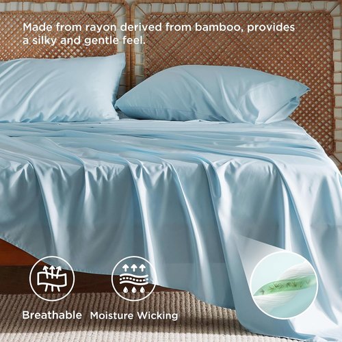 Bedsure King Size Cooling Sheets Set - Breathable & Soft Rayon from Bamboo, Deep Pocket Up to 16 Inches, Aqua