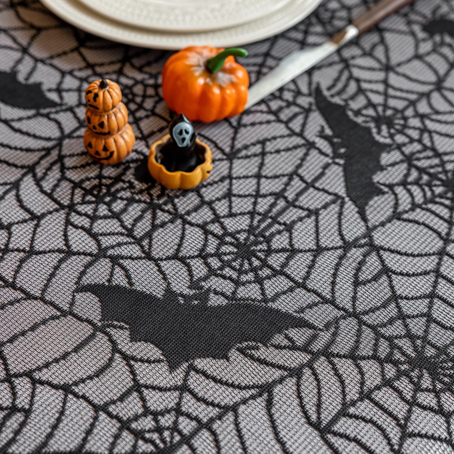 Joyfol Day Halloween Spiderweb Tablecloth, Black Lace Fabric Bats Table Cloths, Spooky Spiders Table Cover, Rectangle Tables Parties Gothic Scary Nights Decorations (60x84 Inch)