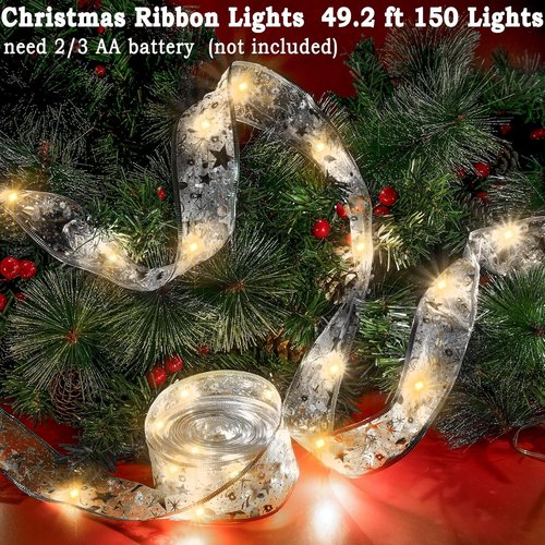 Minetom Christmas Tree Ribbon String Lights - 33ft 100 LED Battery-Powered Fairy Lights with Timer