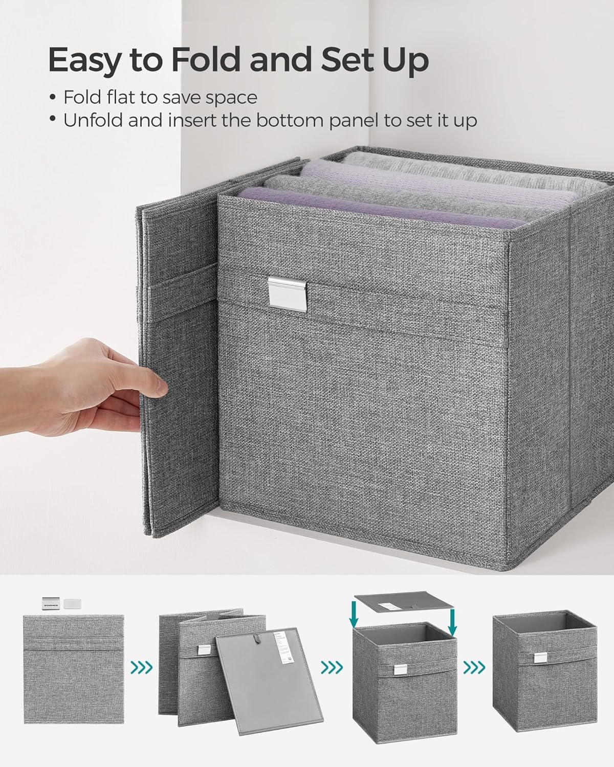 SONGMICS Storage Cubes - Set of 4 Foldable Bins with Handles | Dove Gray, Easy to Clean, 10.2 x 10.2 x 11 Inches