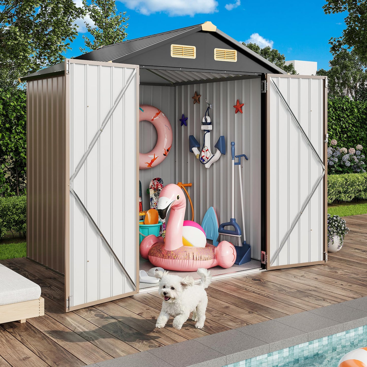 IRONCK 5.7x5.7FT Outdoor Storage Shed, Metal Garden Tool Shed with Breathable Vent and Lockable Doors, Outside Storage for Backyard, Poolside, Patio, Brown
