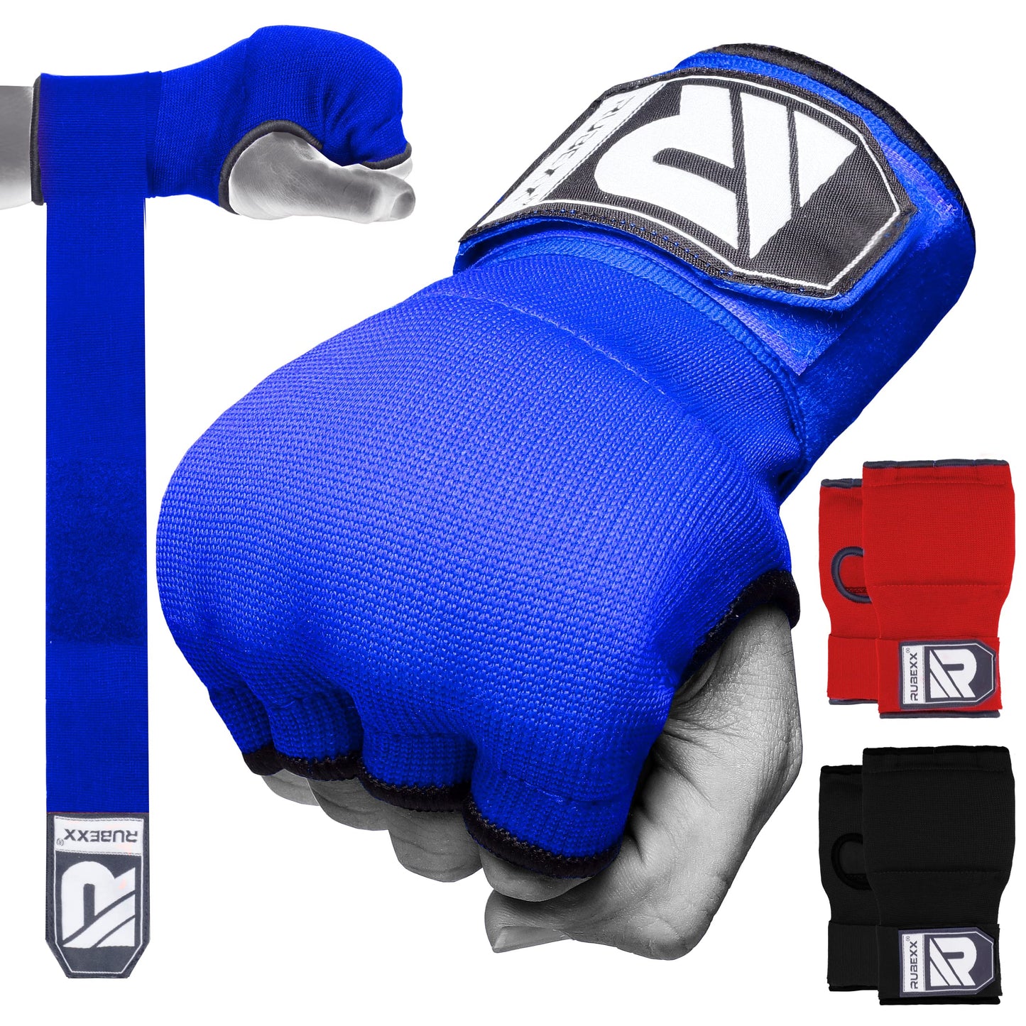 RUBEXX Slip on Boxing Hand Wraps Padded Thick Knuckle Inner Gloves 36 inches Elastic Wrist Strap Quick Wrap Under Mitts Martial Arts Muay Thai MMA Kickboxing Men Womem (Blue, S)